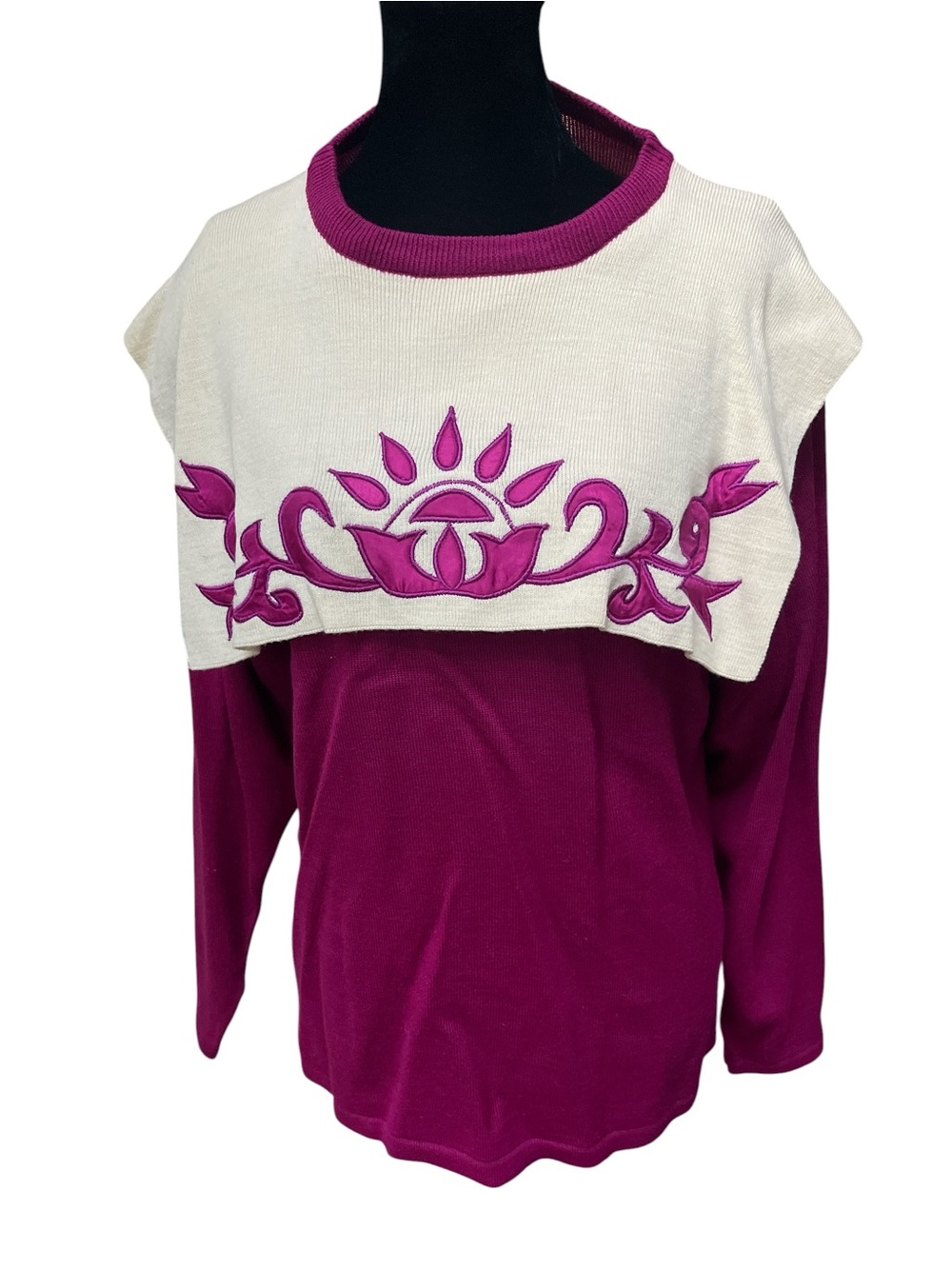 Vintage Bee ANFF Ltd Wool Sweater Fuchsia Pink Folk Floral Bib Retro Size Medium